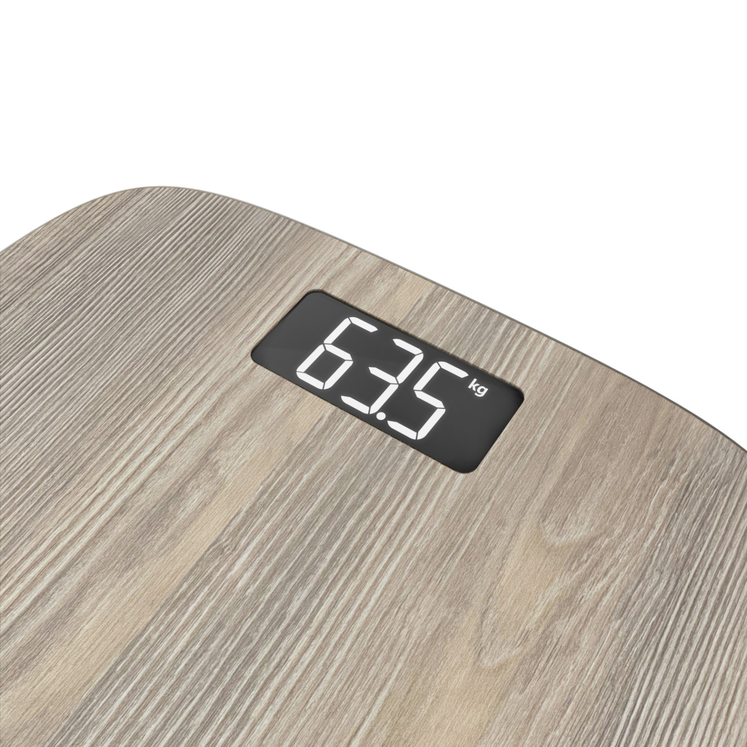 Una báscula digital con veta de madera muestra 63,5 kg.
