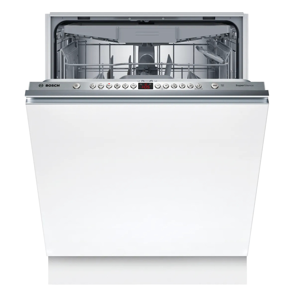 Open witte Bosch vaatwasser met zilverkleurig bedieningspaneel en rood digitaal display.