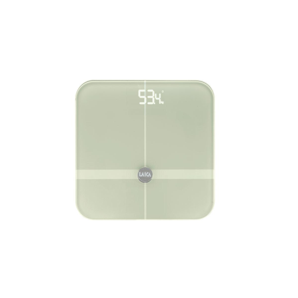 Una bilancia digitale verde che mostra 53,4.