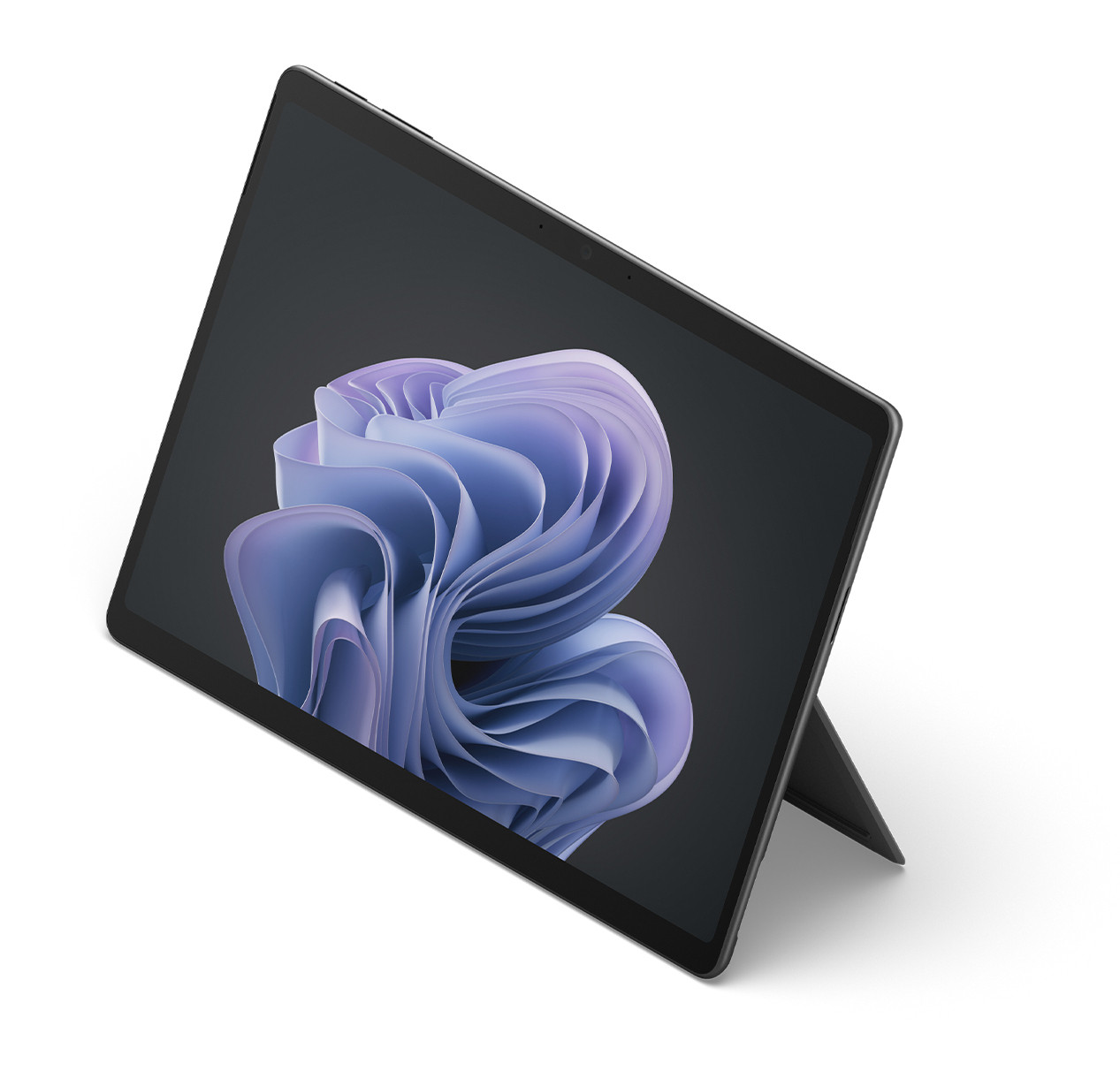Ein schwarzes Tablet mit ausklappbarem Ständer und lila Wellen-Hintergrund.