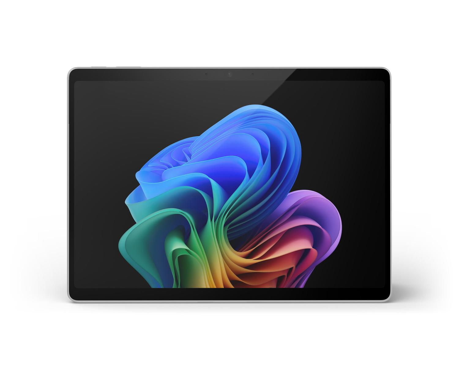 Ein silberner Laptop mit einem farbenfrohen, abstrakten Hintergrundbild.