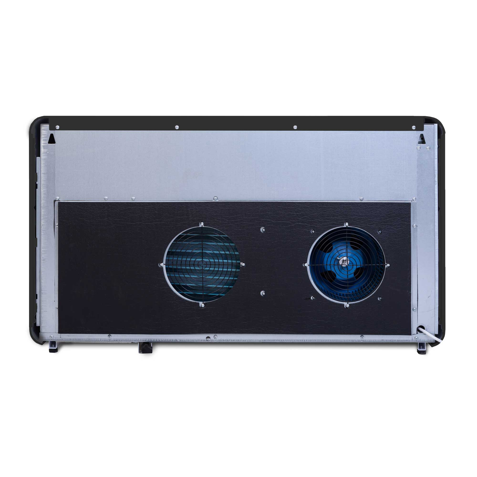 Apparaat met twee ventilatoren, metalen behuizing, zwart paneel en kabel.