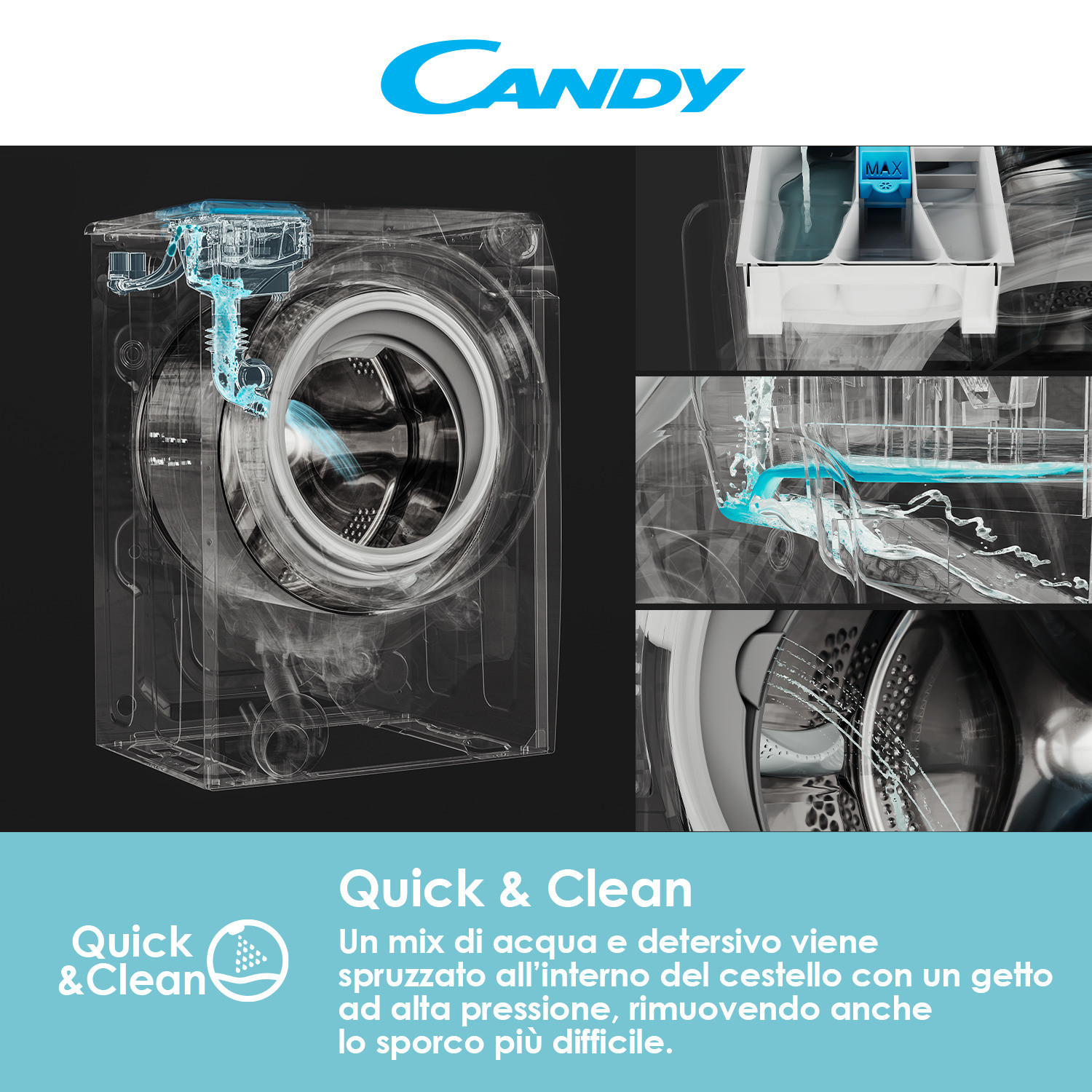 Vista esplosa di una lavatrice che mostra flusso d'acqua e dispenser detersivo.