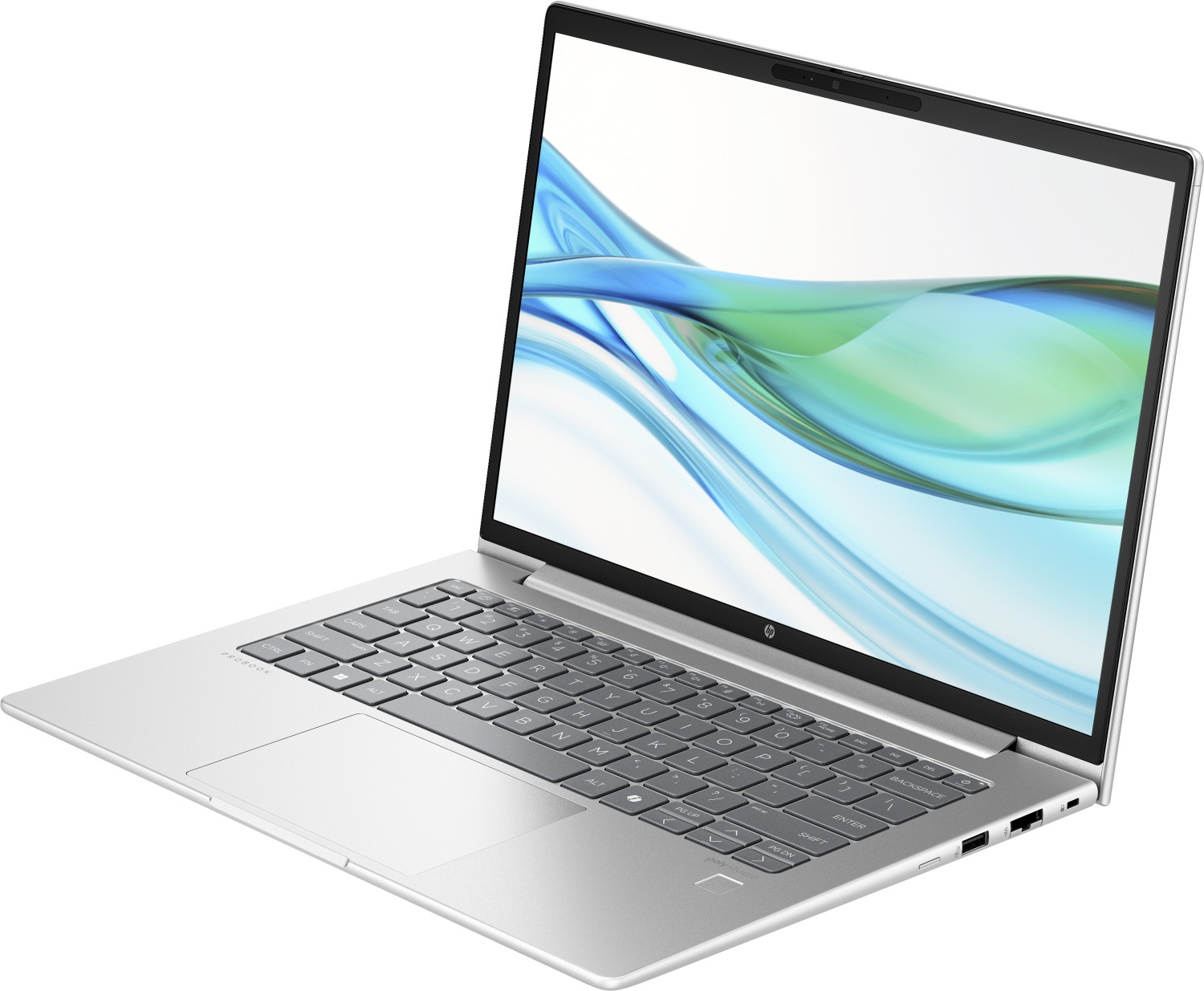 Un laptop argentato con onde blu e verdi sullo schermo.