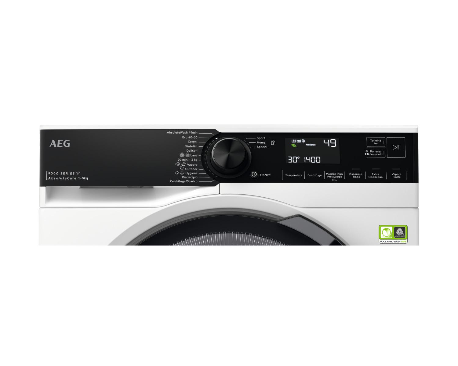 Pannello di controllo lavatrice AEG con selezione programmi. 30 gradi, 1400 giri.