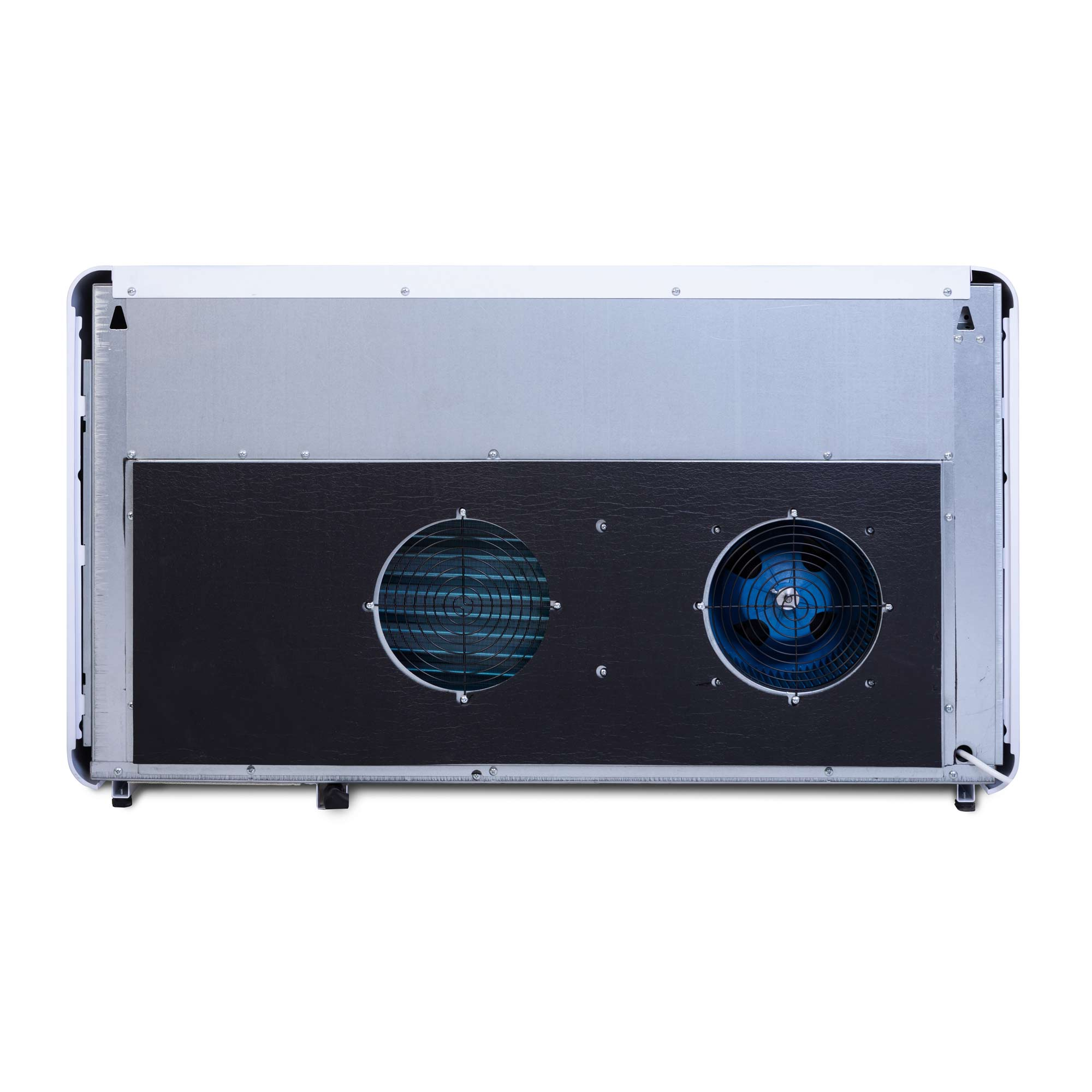 Achterkant van een apparaat met twee ventilatoren, één blauw en één blauwgroen.
