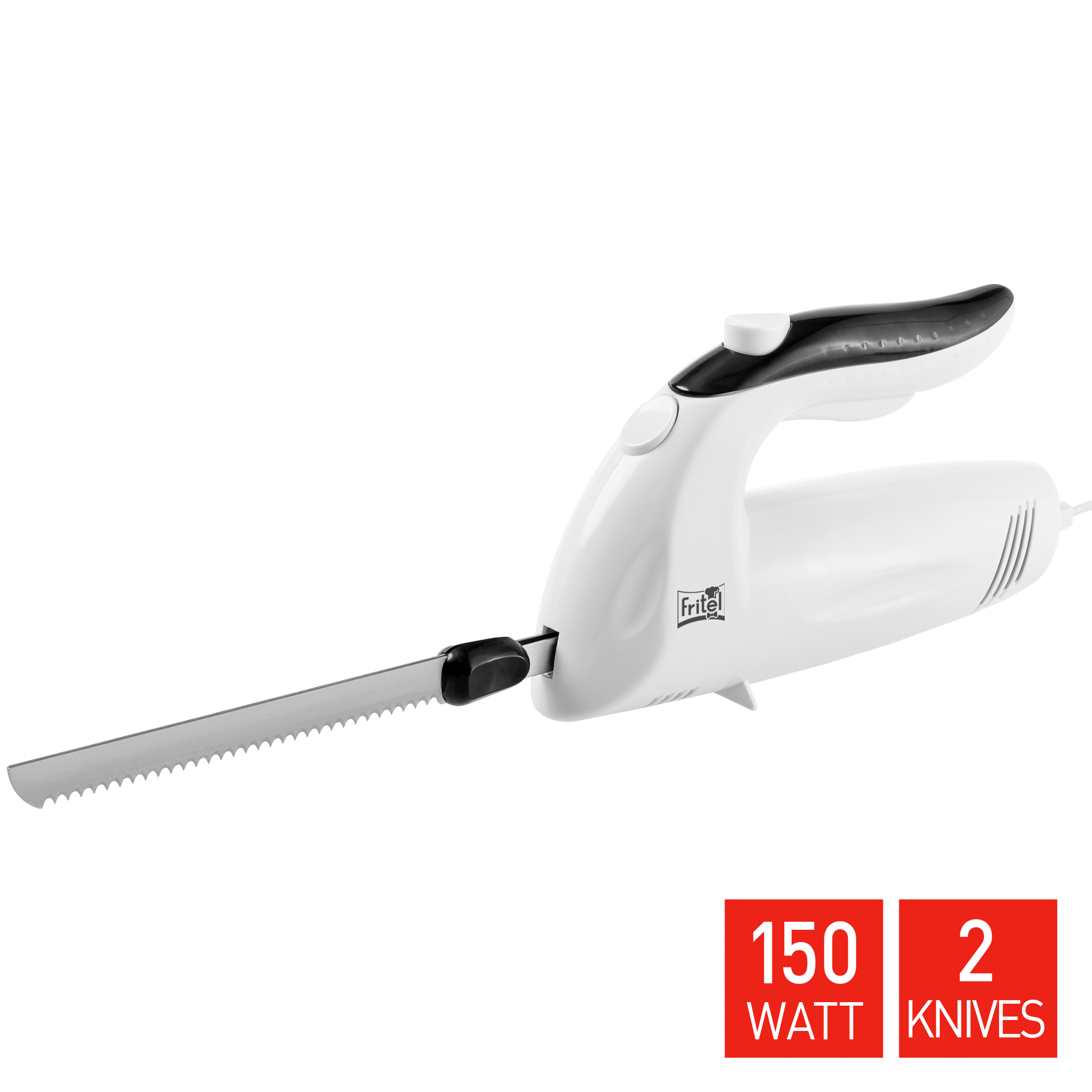 White electric knife with serrated blade, 150 Watt, 2 knives.