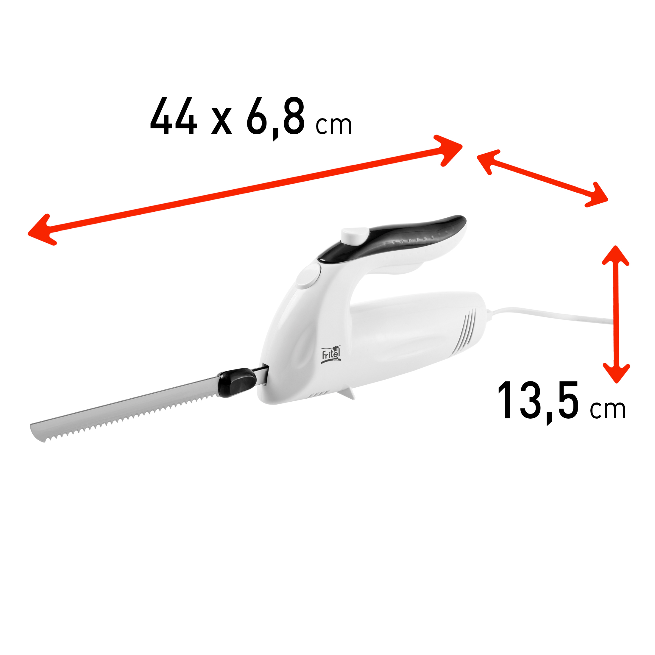 A white electric knife with black handle and cord. Dimensions are indicated.