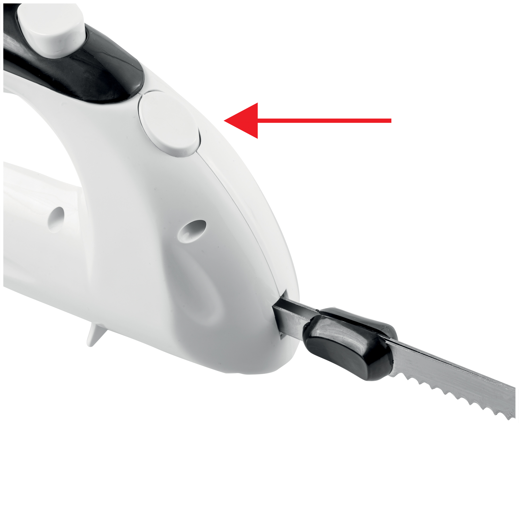 Electric knife with red arrow pointing to the trigger button.