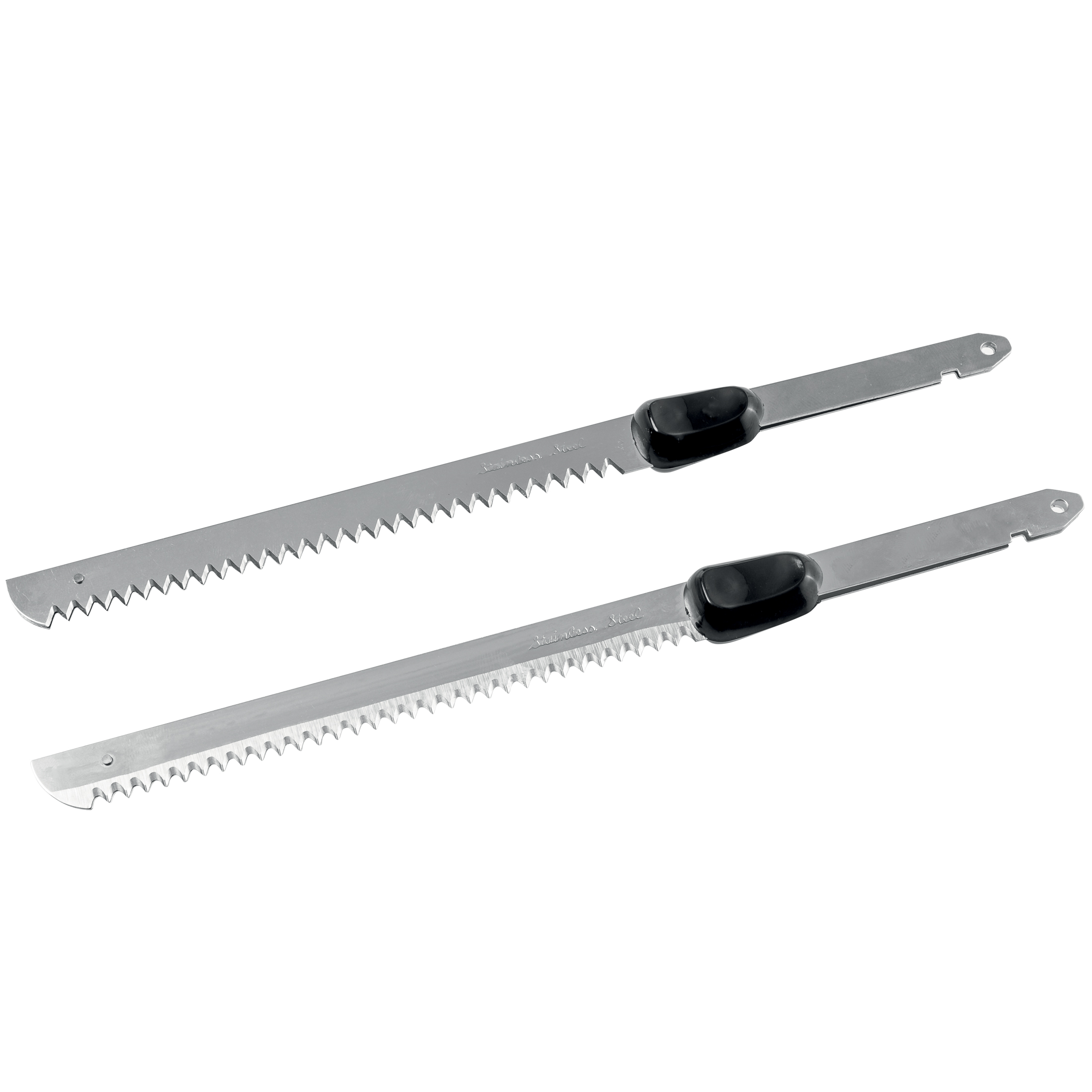 Two serrated stainless steel knives with black handles lie side by side.