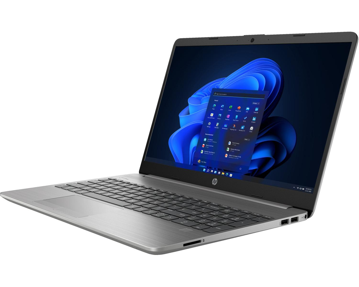 Un laptop HP grigio mostra un menu Start blu di Windows 11 sullo schermo.