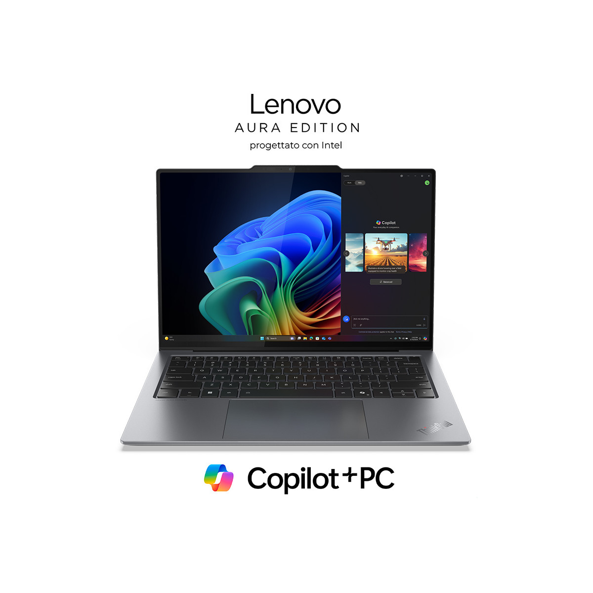Un laptop grigio Lenovo Aura Edition che mostra uno sfondo colorato e la finestra Copilot.