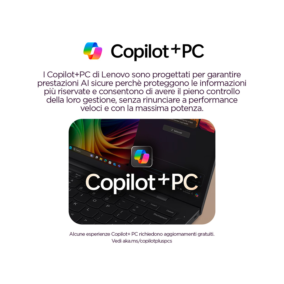 Lenovo Copilot+PC con logo, tastiera e schermo. Testo descrive le funzionalità.