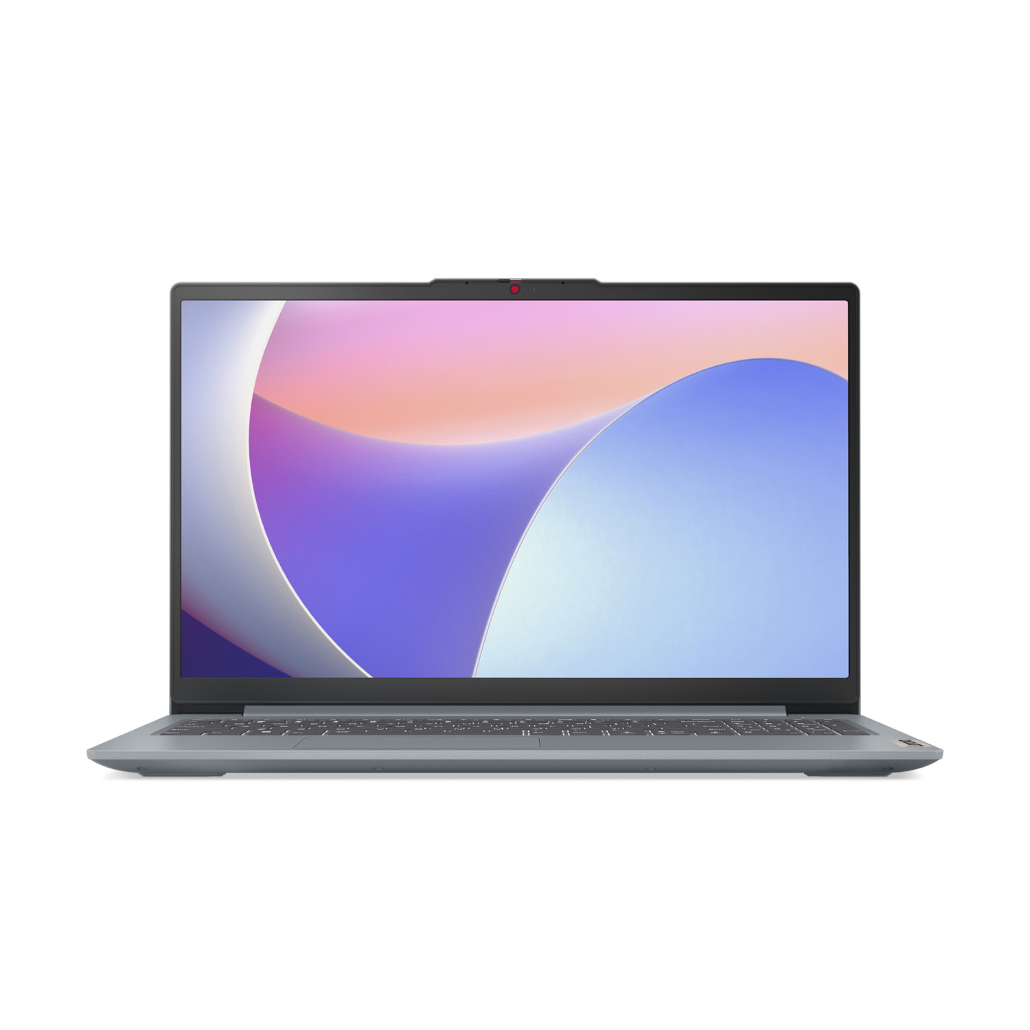 Un laptop grigio con uno sfondo astratto colorato sullo schermo.