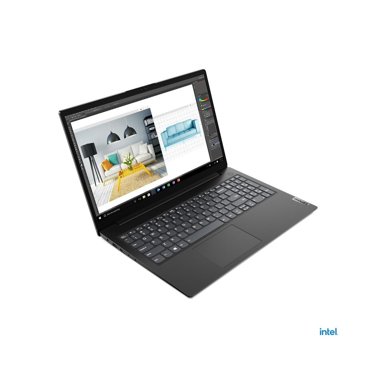 Un laptop Lenovo scuro con schermo luminoso che mostra un design di soggiorno.