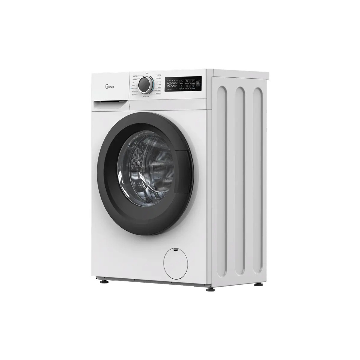 Lavadora blanca Midea con puerta negra y pantalla digital.