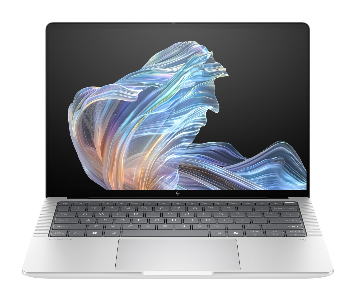 Laptop HP EliteBook argentato con uno sfondo astratto colorato sullo schermo.