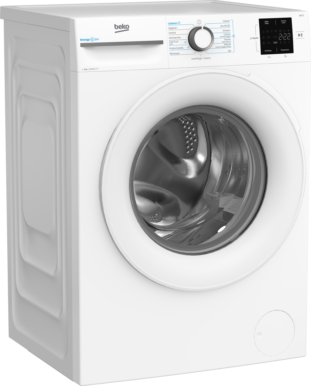 Una lavatrice Beko bianca con cestello e pannello di controllo argentati.