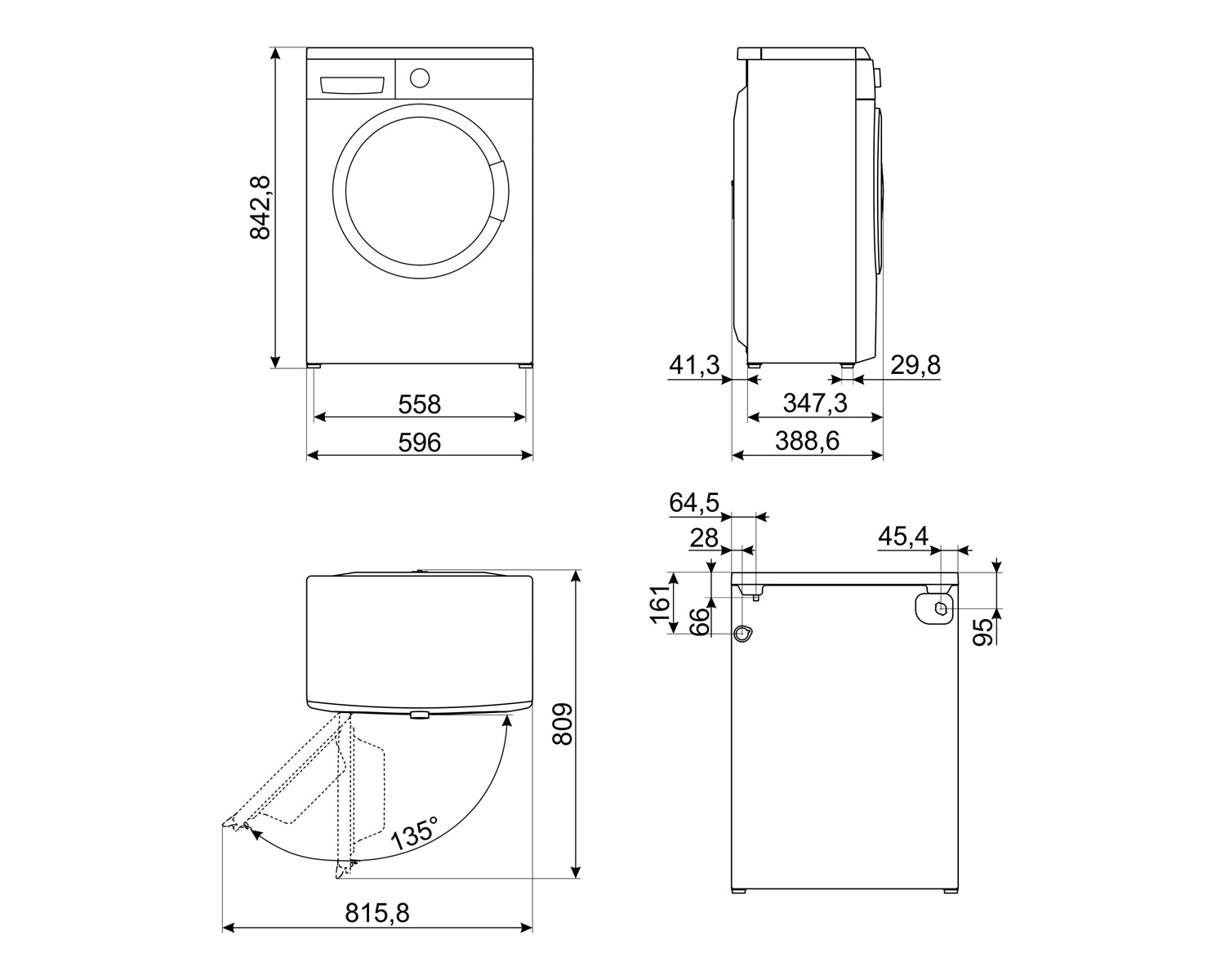 Disegno tecnico di una lavatrice con dimensioni in mm.