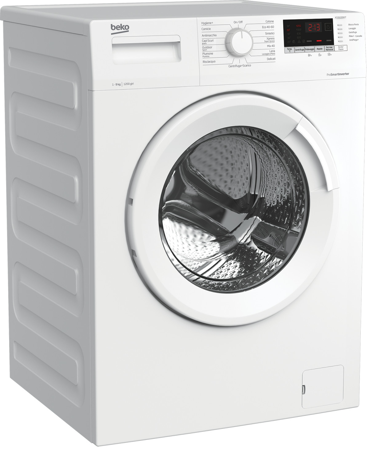 Lavatrice Beko bianca con display digitale e oblò tondo.