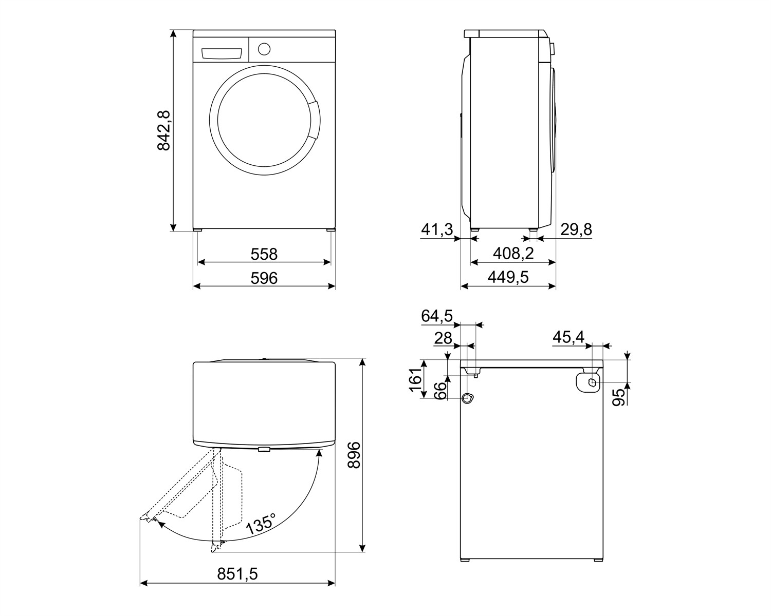 Disegno tecnico di una lavatrice con dimensioni.