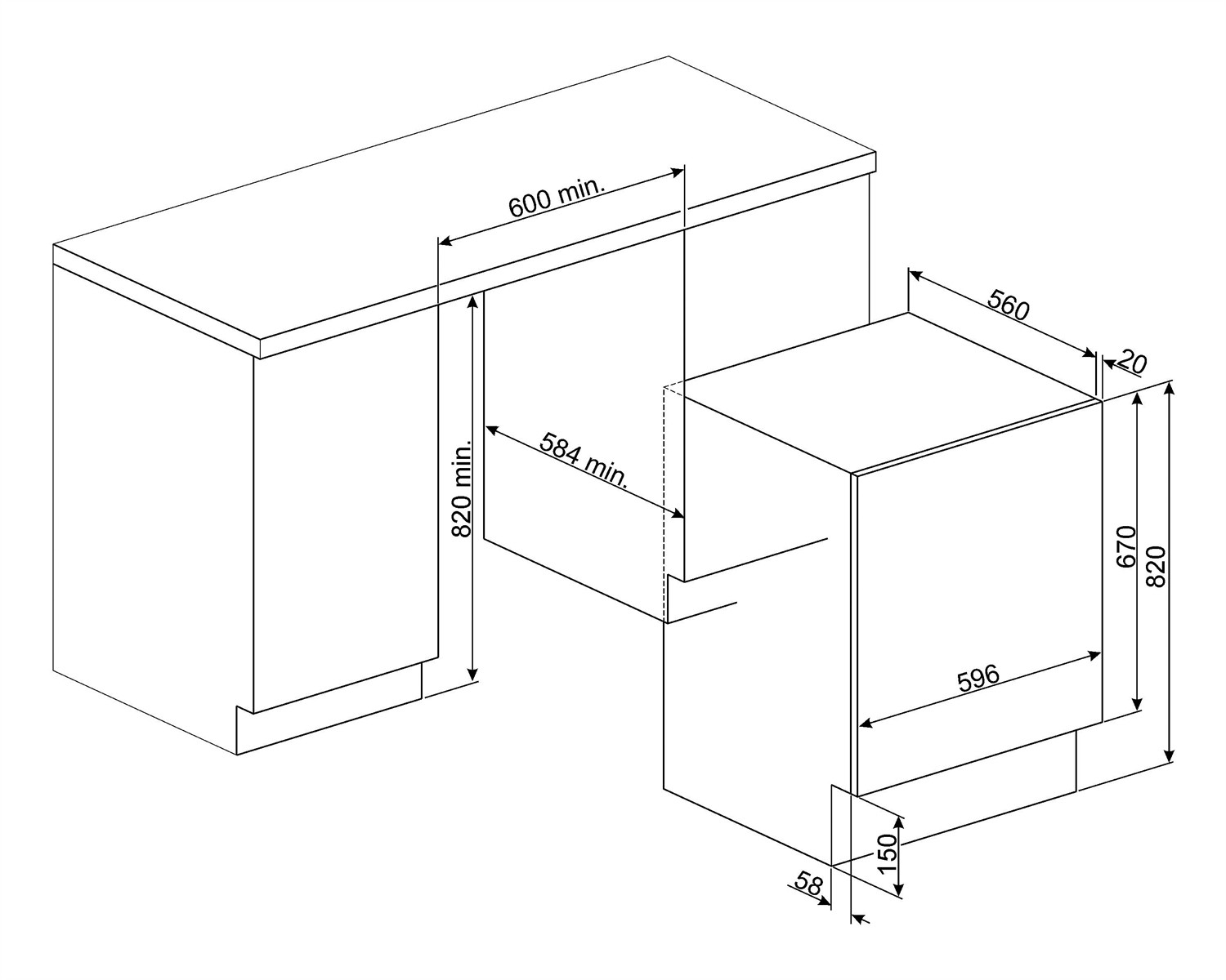 Dibujo técnico de un electrodoméstico empotrado con medidas.