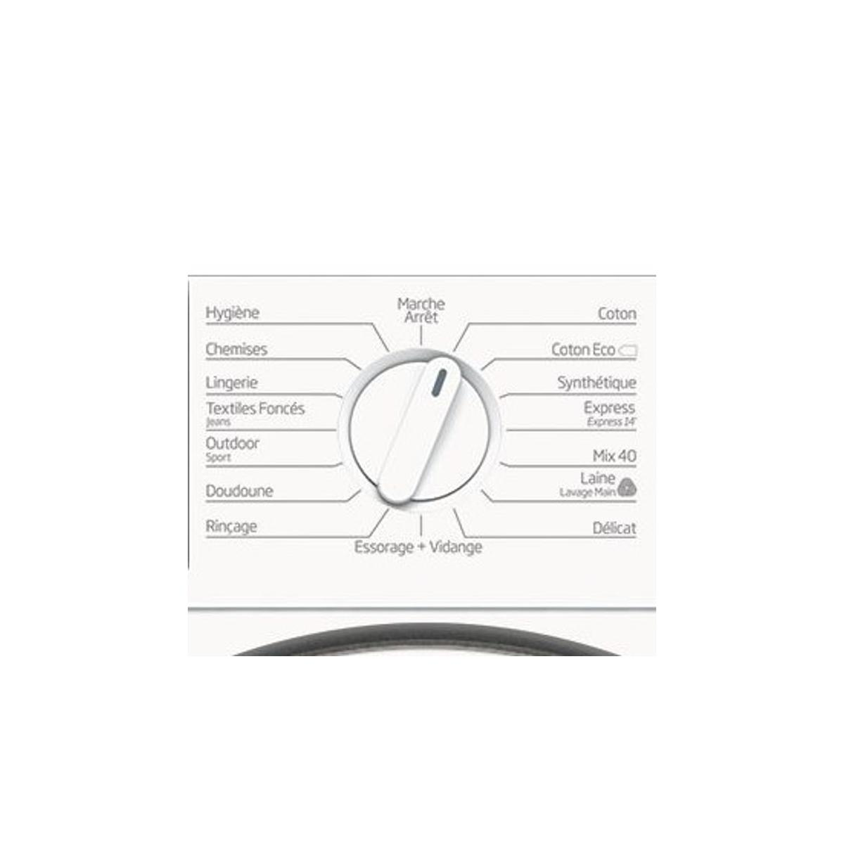 Pannello di controllo lavatrice con selezione programmi: Igiene, Camicie, Biancheria, Jeans, Outdoor, Lana.