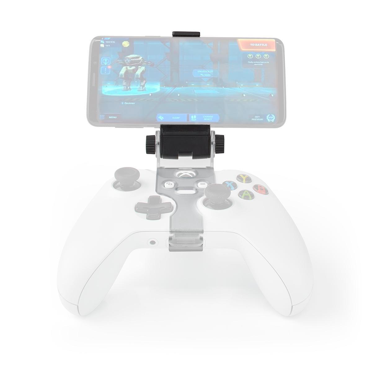 Uno smartphone che visualizza un gioco di robot è attaccato a un controller bianco.