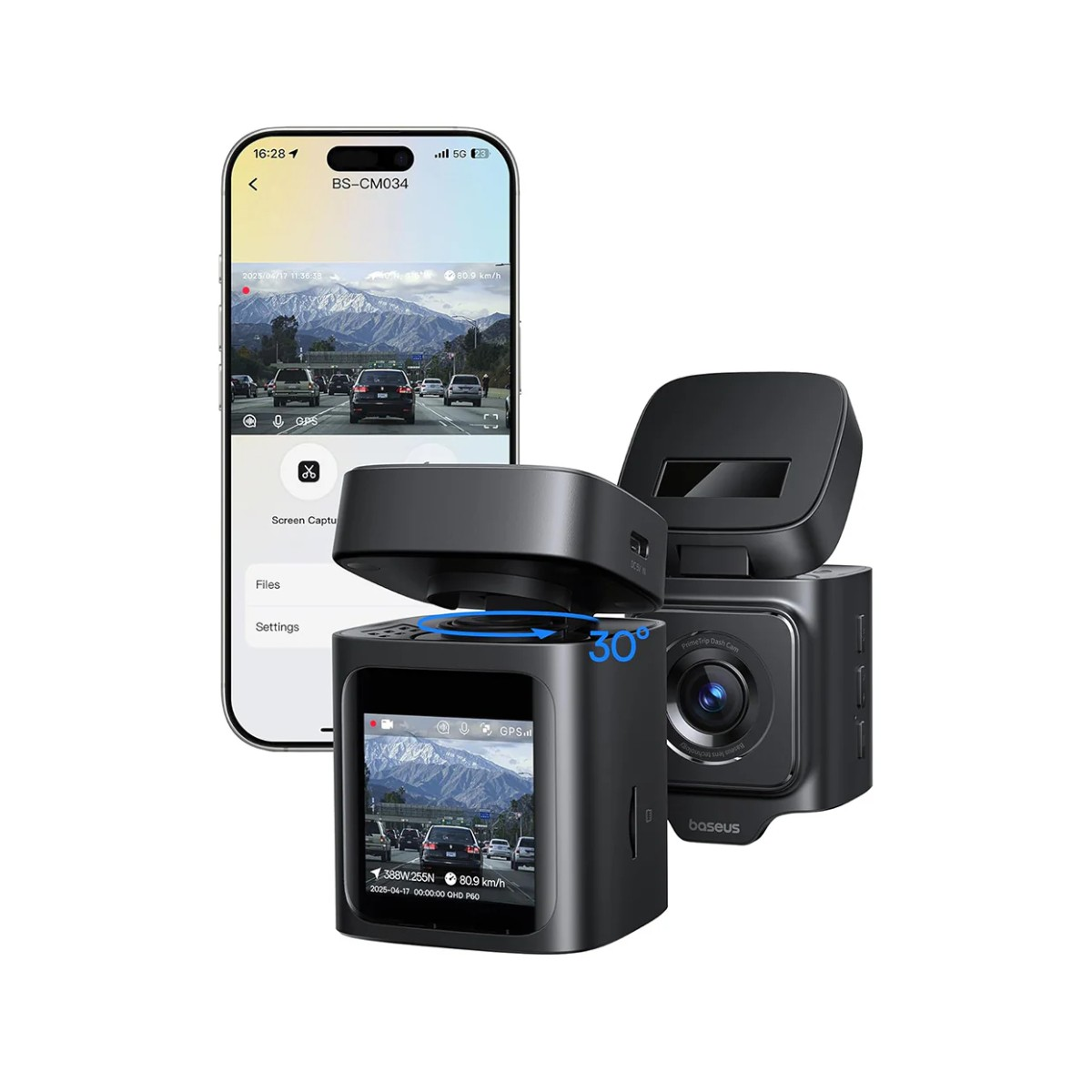 Dashcam e smartphone con vista di guida su sfondo bianco.