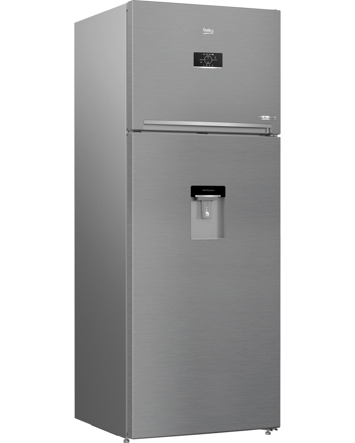 Frigorifero-congelatore argentato con dispenser d'acqua, su sfondo bianco.