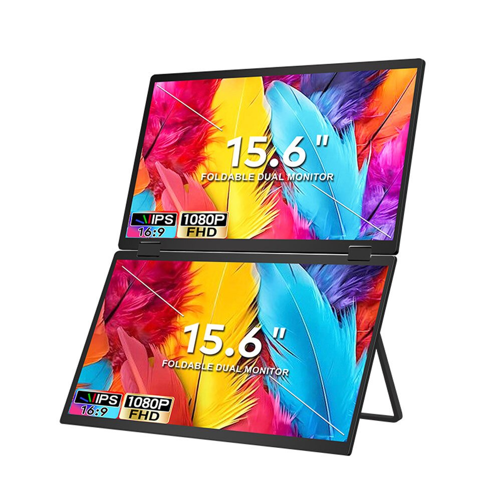 Due monitor pieghevoli da 15,6 pollici con display IPS 1080P FHD su sfondo chiaro.