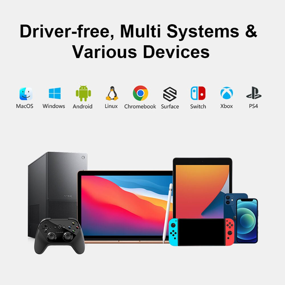 Un PC desktop, controller, laptop, tablet, smartphone e console Switch.