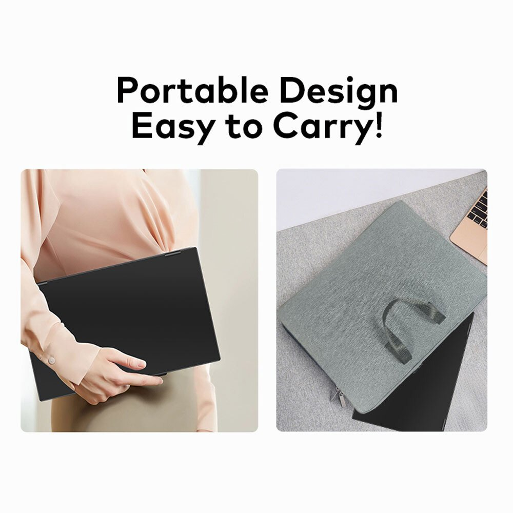 Persona tiene laptop nero; borsa grigia per laptop con manico.