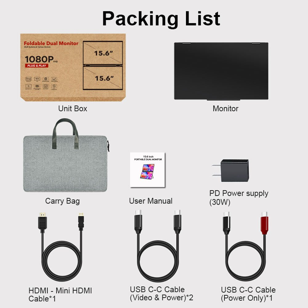 Lista di imballaggio: Scatola, monitor, borsa, manuale, alimentatore e cavi.