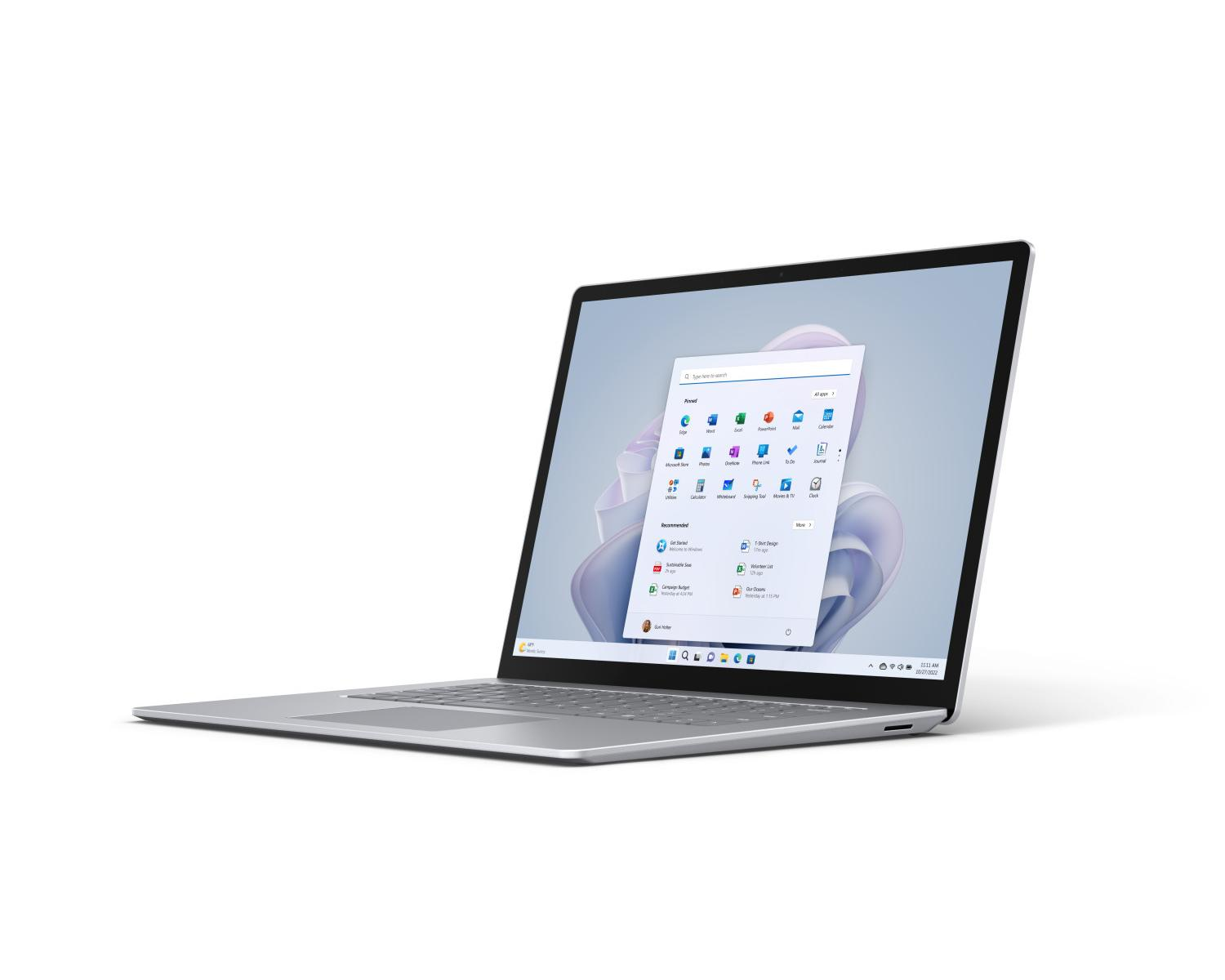 Un laptop argentato con un menu aperto sullo schermo, isolato su sfondo bianco.