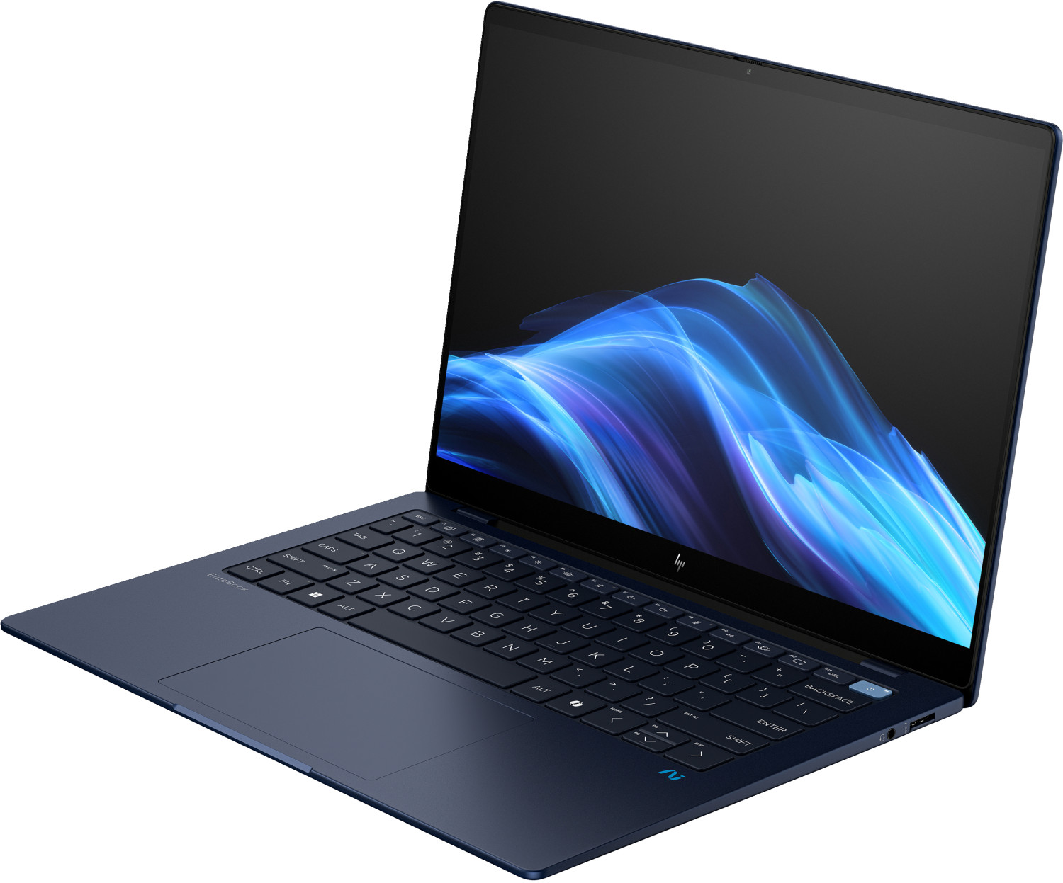 Un laptop HP EliteBook blu scuro è aperto, visualizza uno sfondo astratto blu sullo schermo.