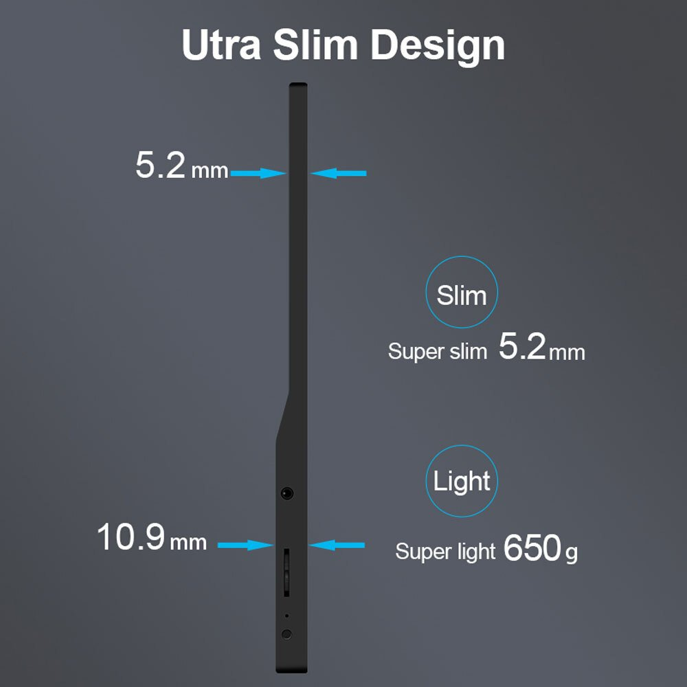 Diseño ultra delgado: 5,2 mm de grosor y 650 g de peso.