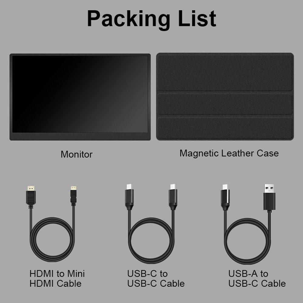 Lista de empaque: Monitor, funda, cables HDMI, USB-C y USB-A.