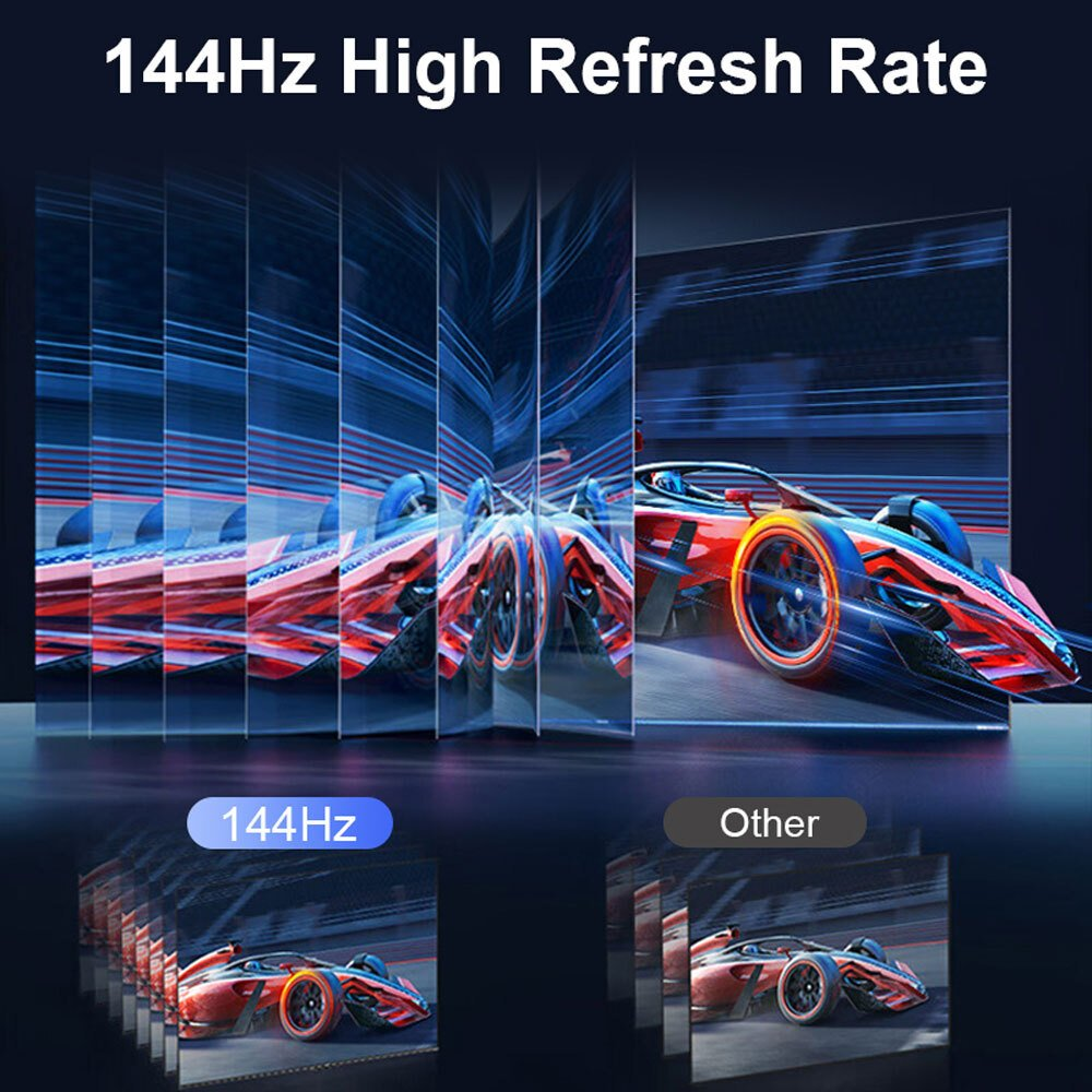 Confronto frequenza di aggiornamento elevata 144Hz: un'auto da corsa rossa su sfondo blu.