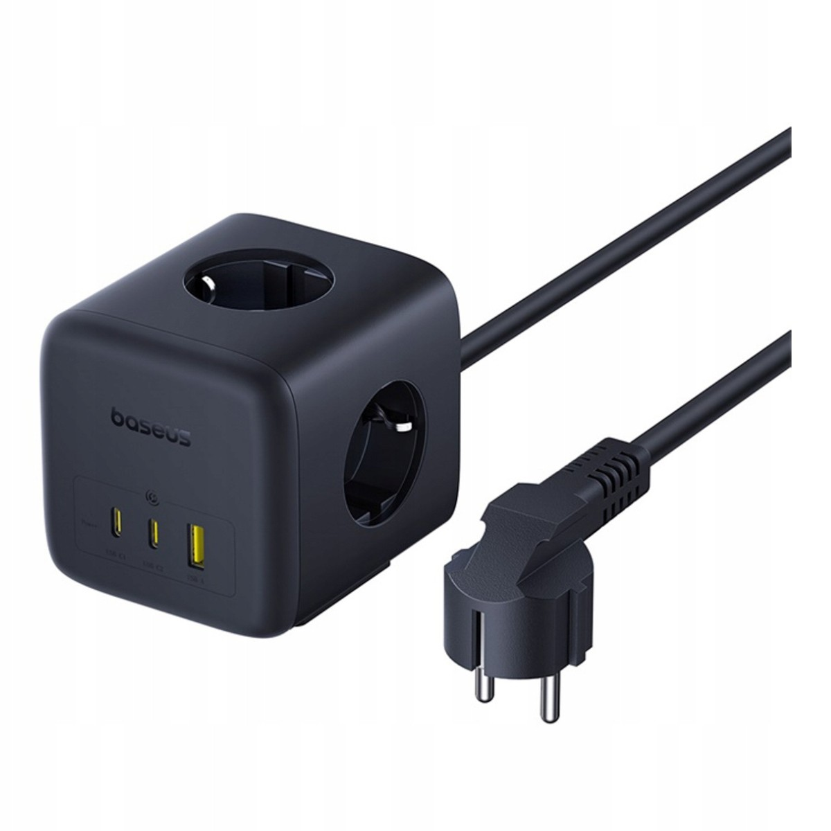 Multipresa a cubo nera con 3 prese e 3 porte USB, con cavo e spina.