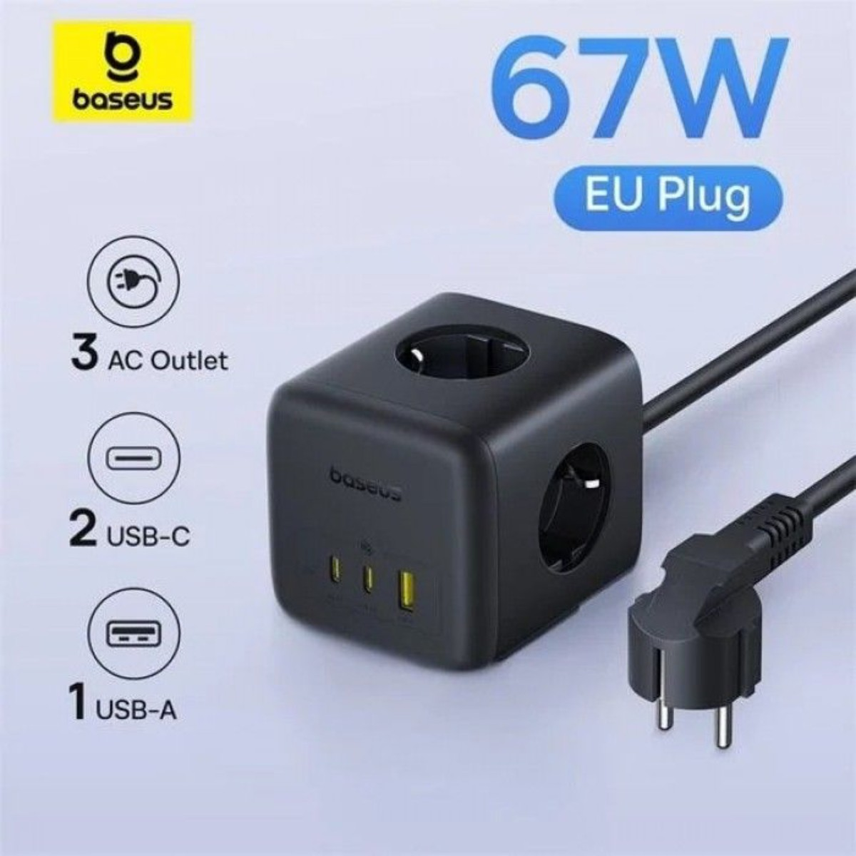 Cubo nero Baseus EU 67W, 3 prese AC, 2 USB-C, 1 USB-A.