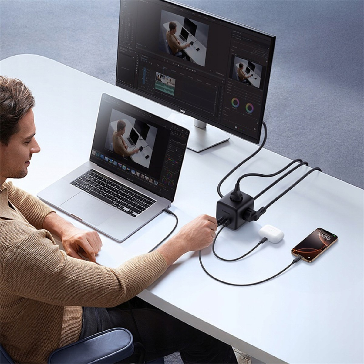 Un uomo a una scrivania con laptop, monitor e un adattatore multiport.