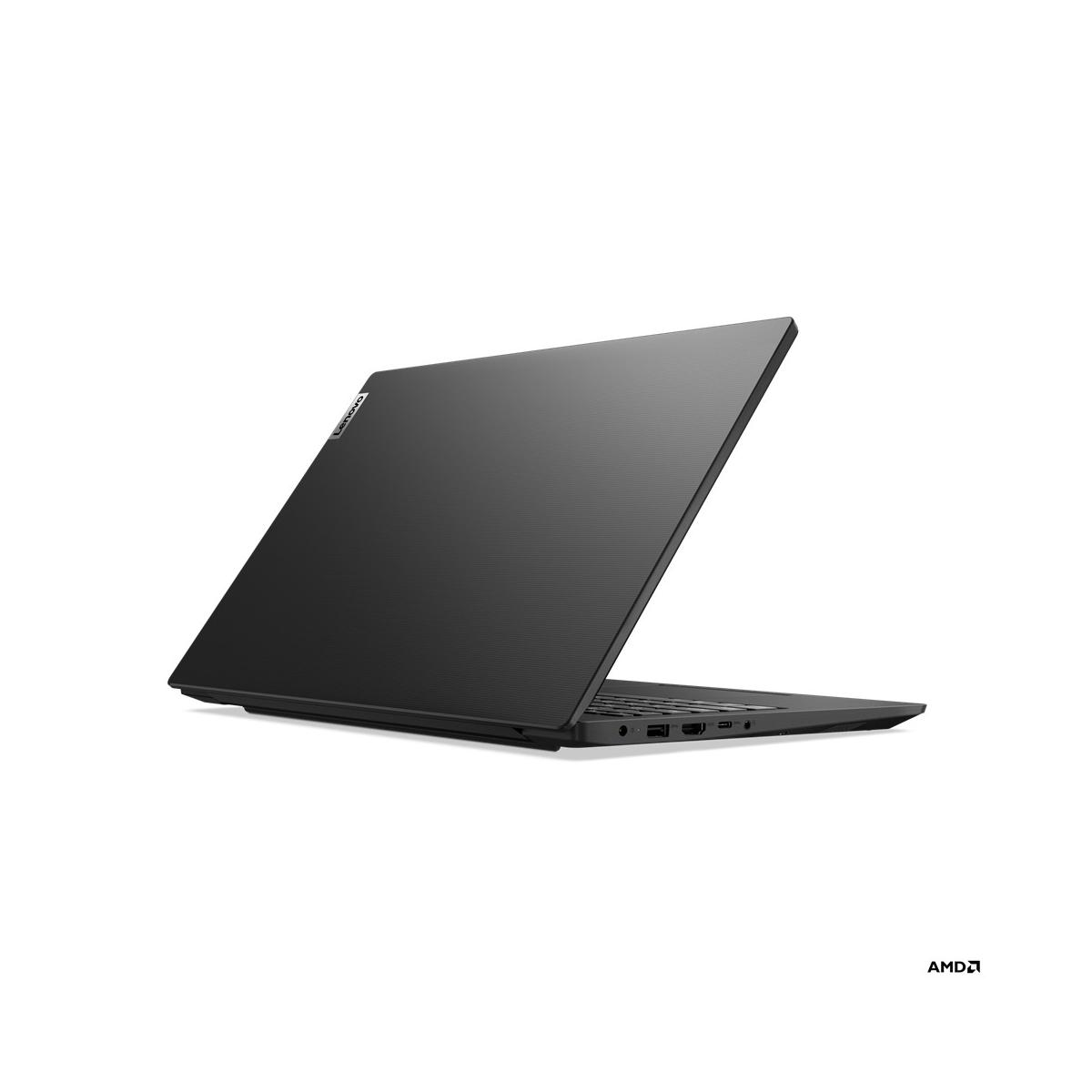 Laptop nero con coperchio aperto, vista laterale. Logo AMD in basso a destra.