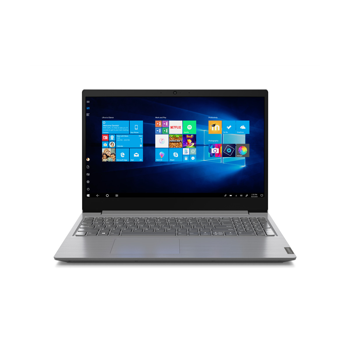 Un laptop argento con schermo Windows 10 aperto e tastiera.