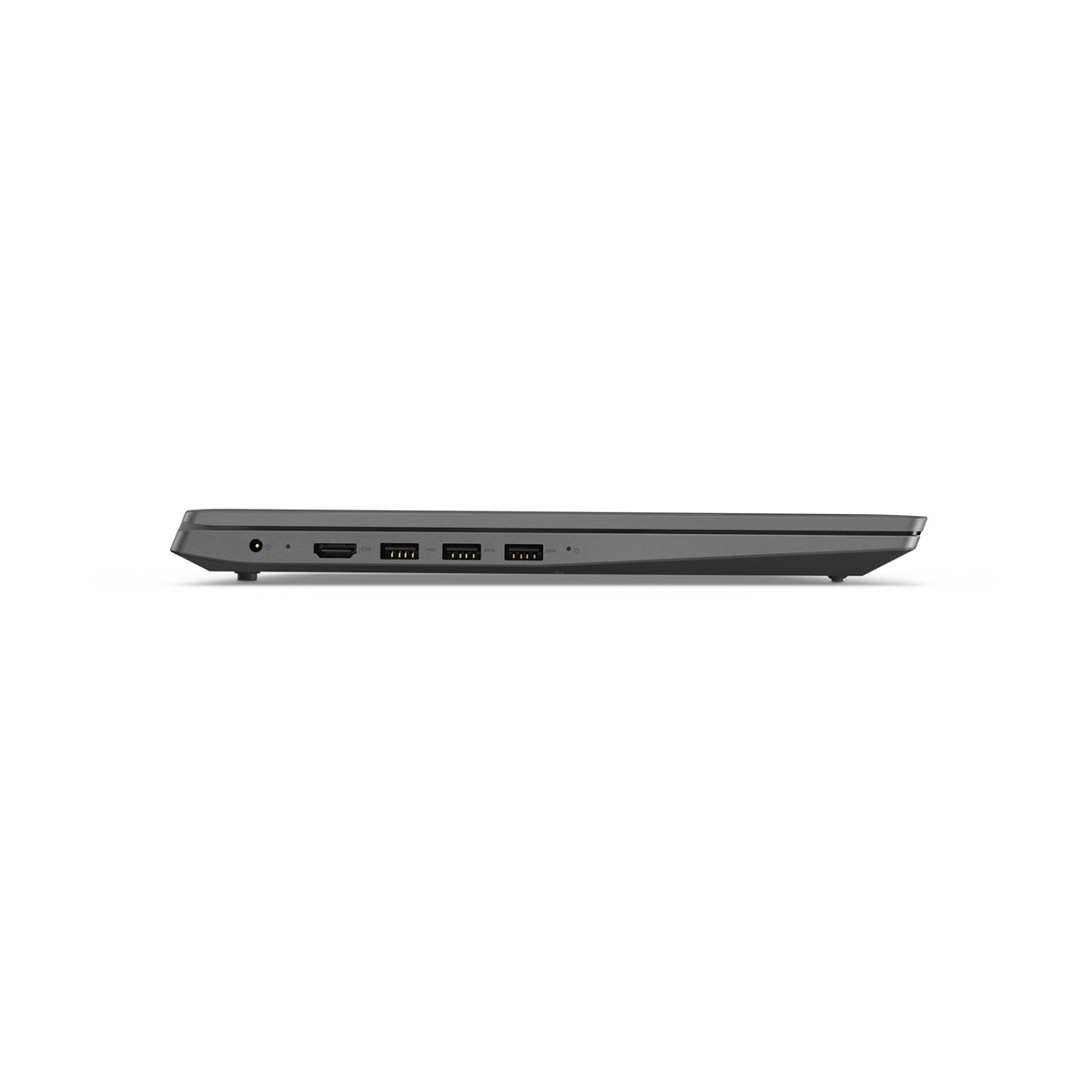 Lato porte del laptop grigio con connettori USB, HDMI e alimentazione.