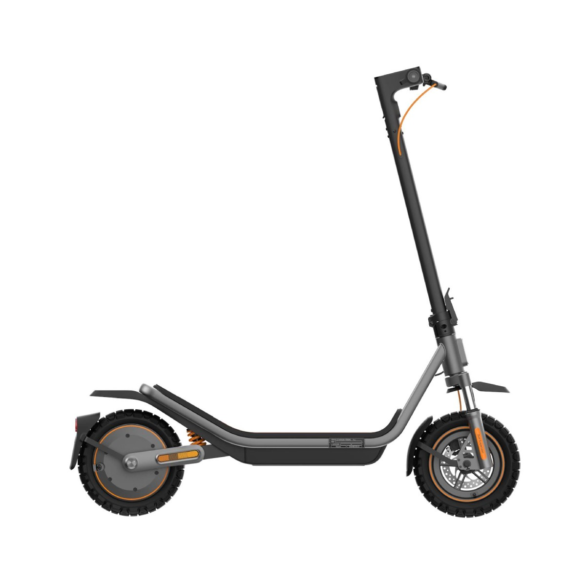 Un monopattino elettrico grigio con accenti arancioni su sfondo bianco.