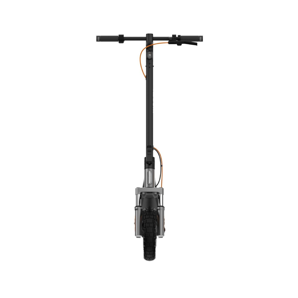 Uno scooter nero con accenti arancioni, mostrato frontalmente.