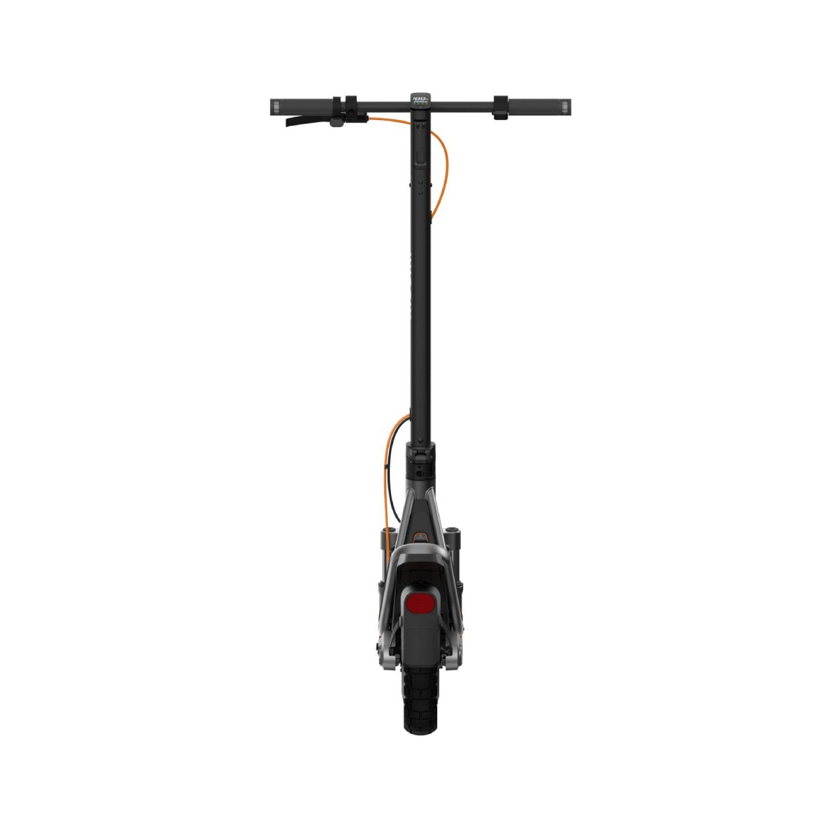 Uno scooter elettrico nero con cavi arancioni e fanale posteriore rosso.