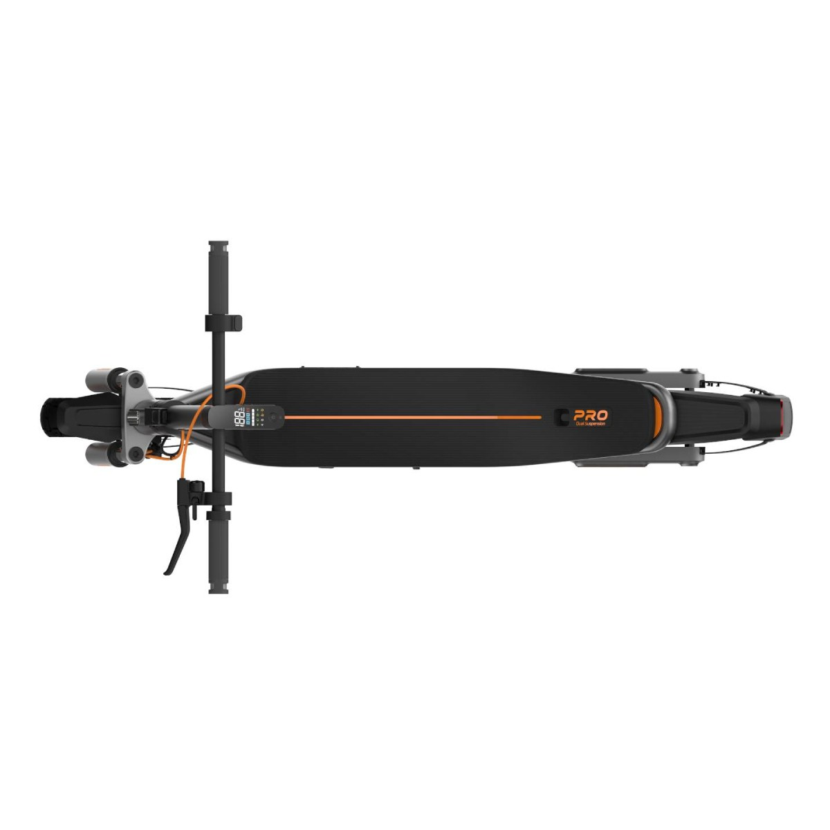 Monopattino elettrico nero con accenti arancioni e display digitale.