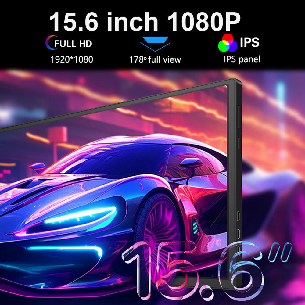 Una pantalla IPS de 15,6 pulgadas Full HD muestra un coche deportivo futurista.